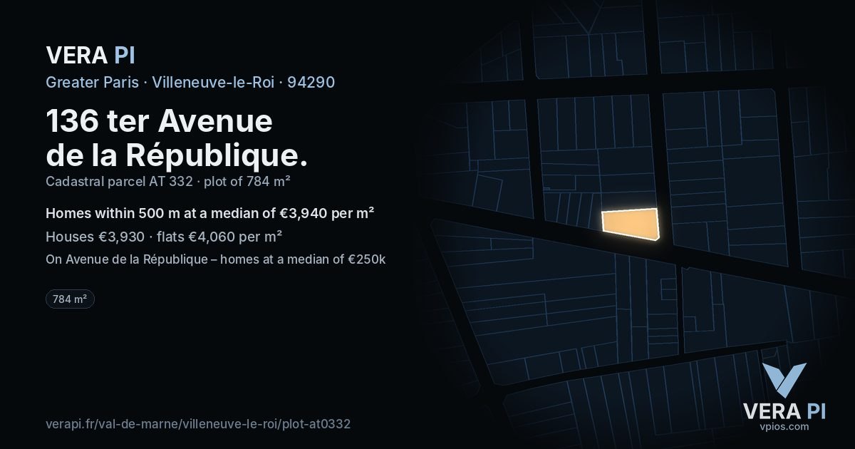 136 ter Avenue de la République, Villeneuve-le-Roi at night – the plot lit, the parcels around coloured by the prices near them