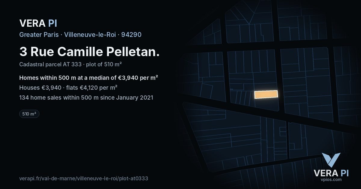 3 Rue Camille Pelletan, Villeneuve-le-Roi at night – the plot lit, the parcels around coloured by the prices near them
