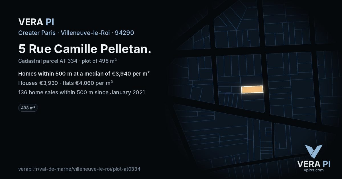 5 Rue Camille Pelletan, Villeneuve-le-Roi at night – the plot lit, the parcels around coloured by the prices near them
