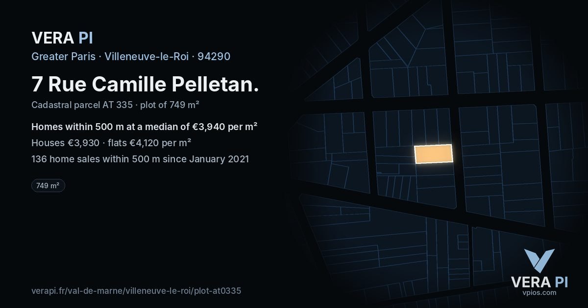 7 Rue Camille Pelletan, Villeneuve-le-Roi at night – the plot lit, the parcels around coloured by the prices near them
