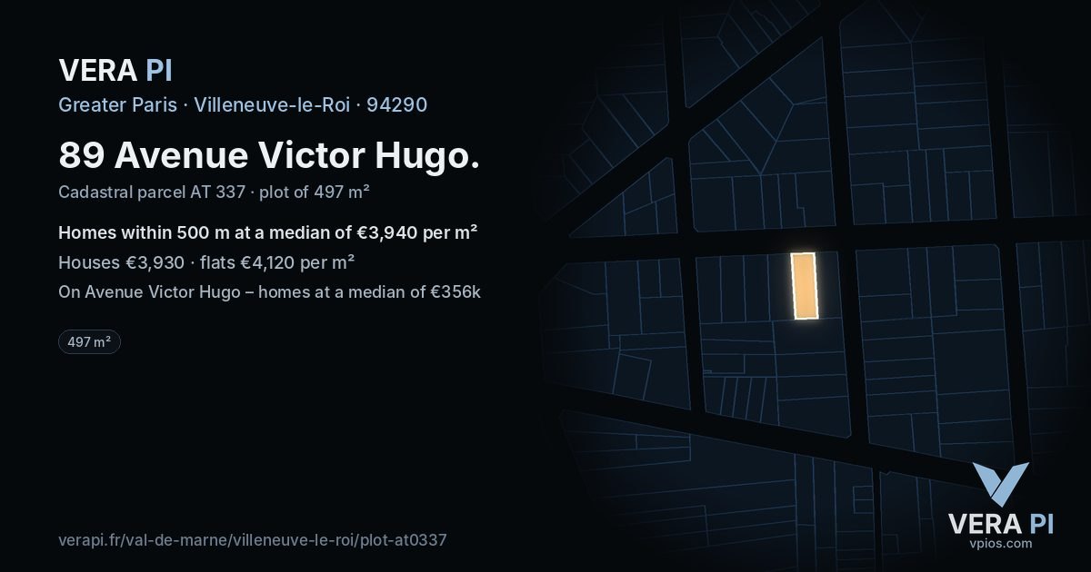 89 Avenue Victor Hugo, Villeneuve-le-Roi at night – the plot lit, the parcels around coloured by the prices near them