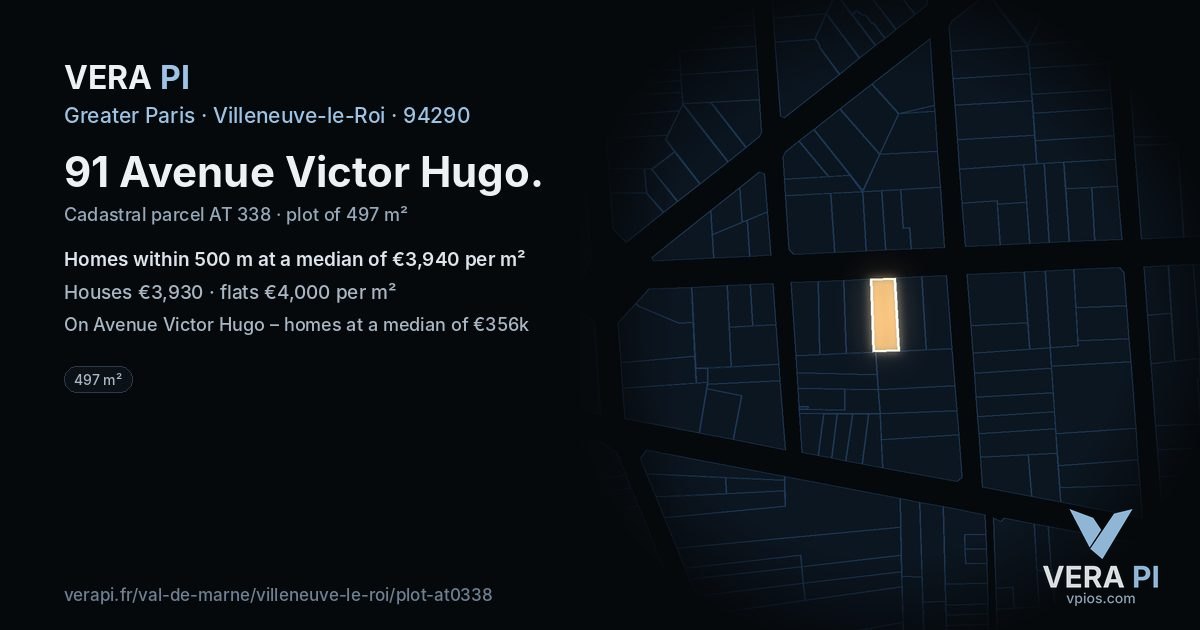 91 Avenue Victor Hugo, Villeneuve-le-Roi at night – the plot lit, the parcels around coloured by the prices near them