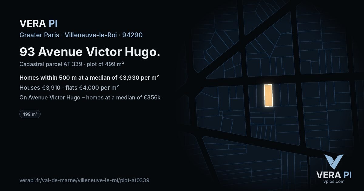 93 Avenue Victor Hugo, Villeneuve-le-Roi at night – the plot lit, the parcels around coloured by the prices near them