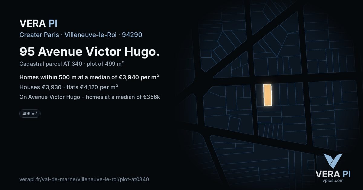 95 Avenue Victor Hugo, Villeneuve-le-Roi at night – the plot lit, the parcels around coloured by the prices near them