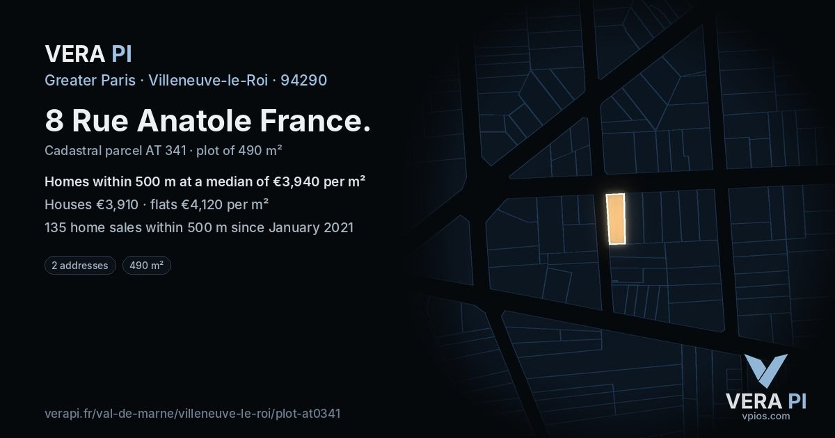 8 Rue Anatole France, Villeneuve-le-Roi at night – the plot lit, the parcels around coloured by the prices near them