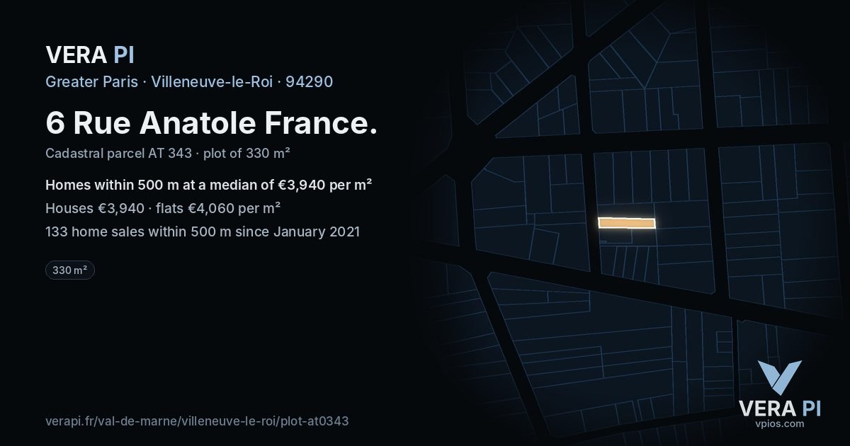 6 Rue Anatole France, Villeneuve-le-Roi at night – the plot lit, the parcels around coloured by the prices near them