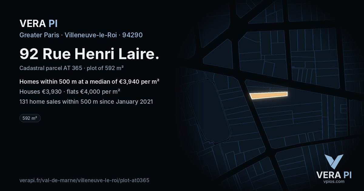 92 Rue Henri Laire, Villeneuve-le-Roi at night – the plot lit, the parcels around coloured by the prices near them