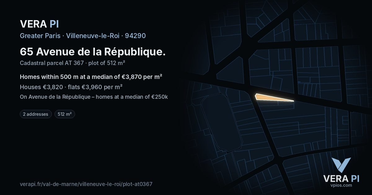 65 Avenue de la République, Villeneuve-le-Roi at night – the plot lit, the parcels around coloured by the prices near them