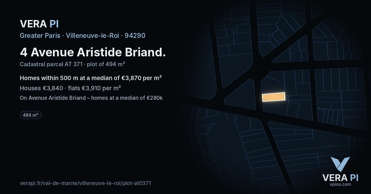 4 Avenue Aristide Briand, Villeneuve-le-Roi at night – the plot lit, the parcels around coloured by the prices near them