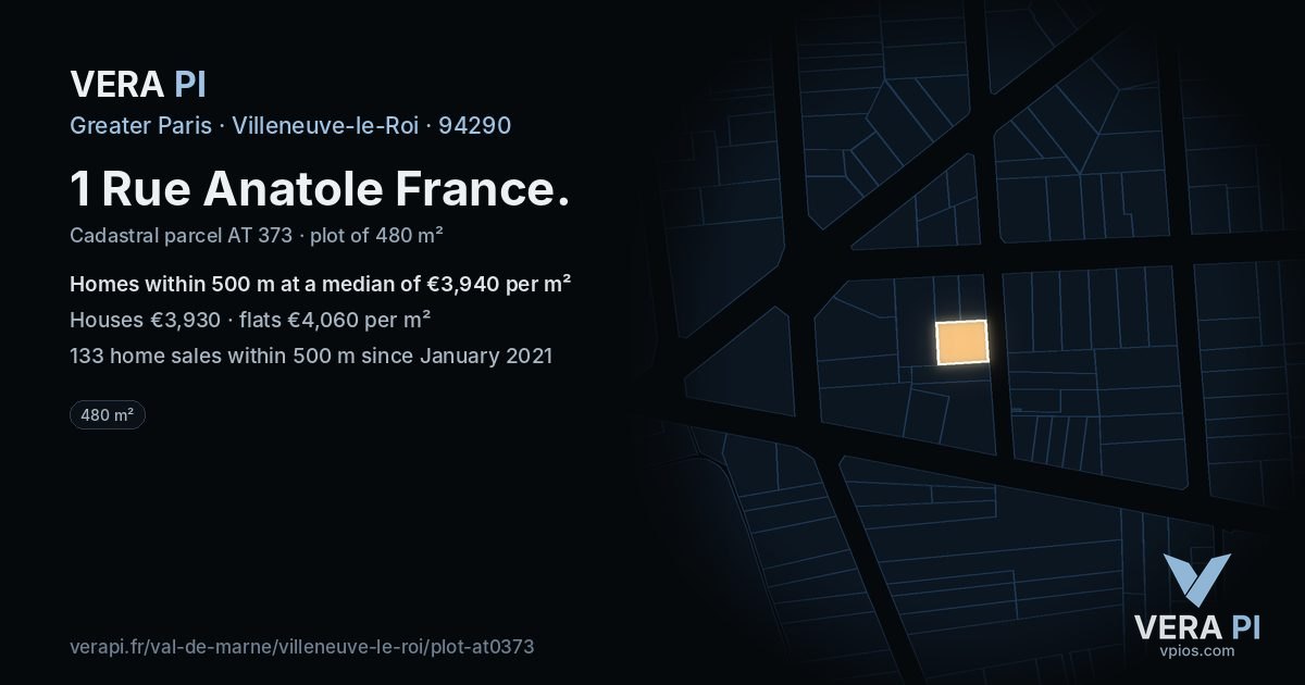 1 Rue Anatole France, Villeneuve-le-Roi at night – the plot lit, the parcels around coloured by the prices near them