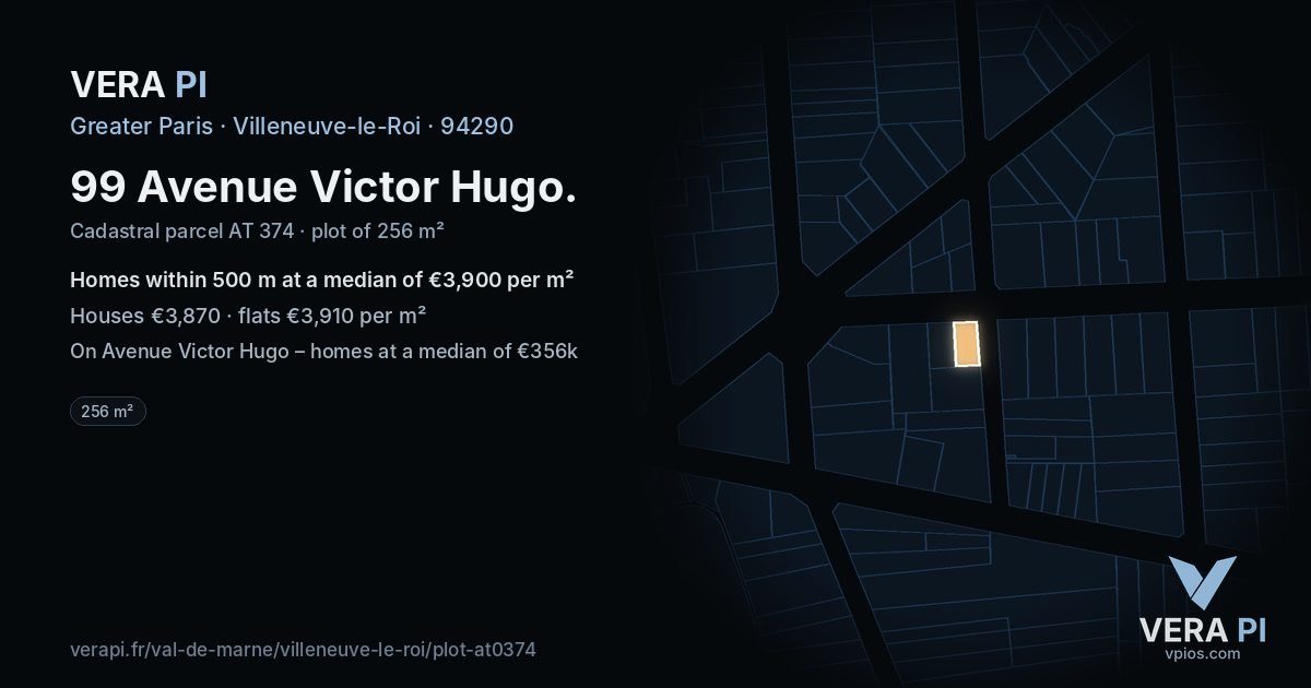 99 Avenue Victor Hugo, Villeneuve-le-Roi at night – the plot lit, the parcels around coloured by the prices near them