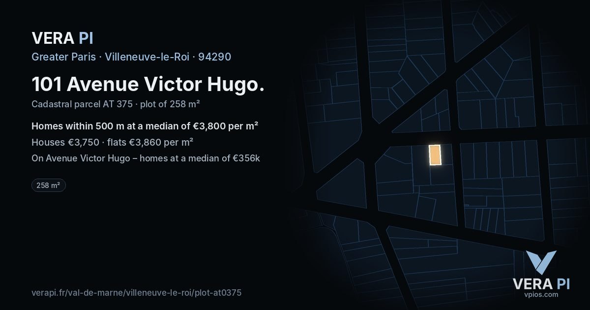 101 Avenue Victor Hugo, Villeneuve-le-Roi at night – the plot lit, the parcels around coloured by the prices near them