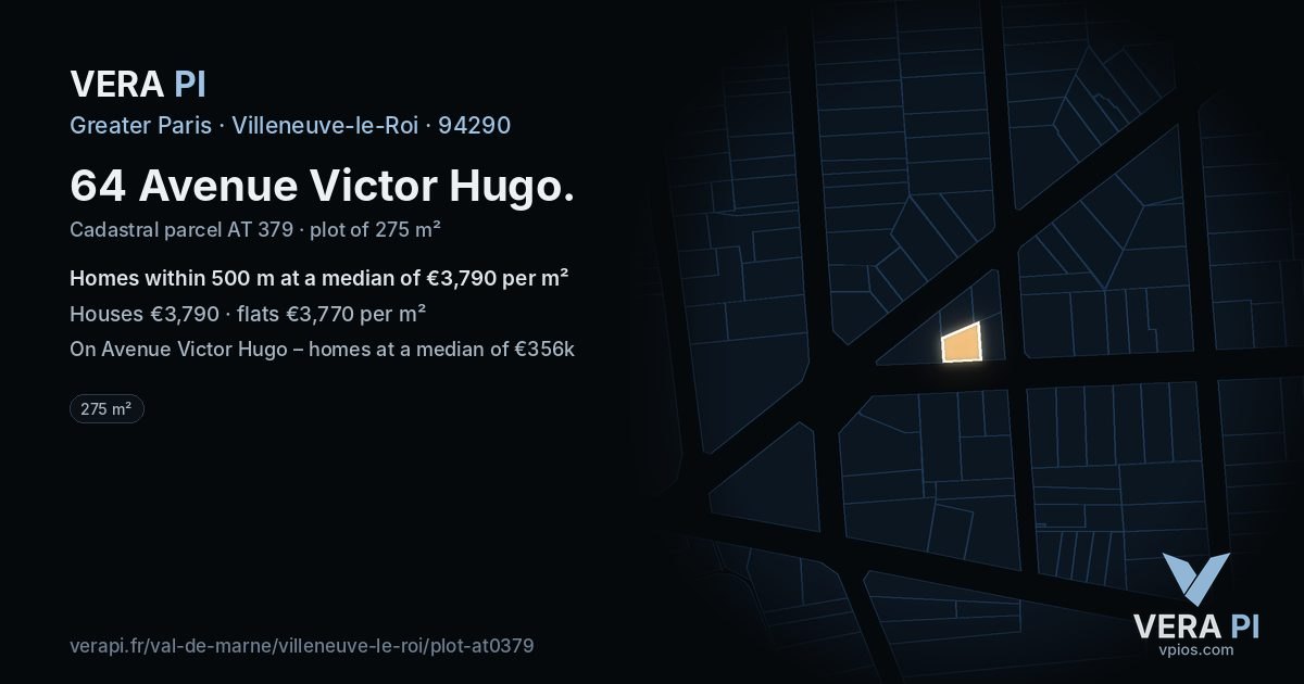 64 Avenue Victor Hugo, Villeneuve-le-Roi at night – the plot lit, the parcels around coloured by the prices near them