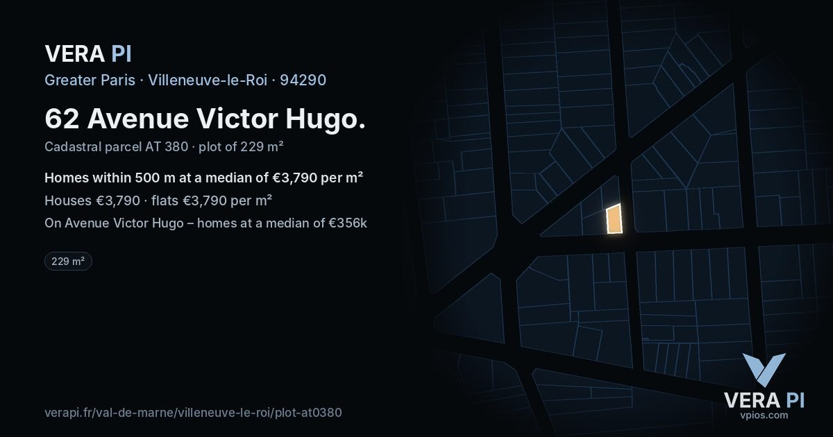 62 Avenue Victor Hugo, Villeneuve-le-Roi at night – the plot lit, the parcels around coloured by the prices near them