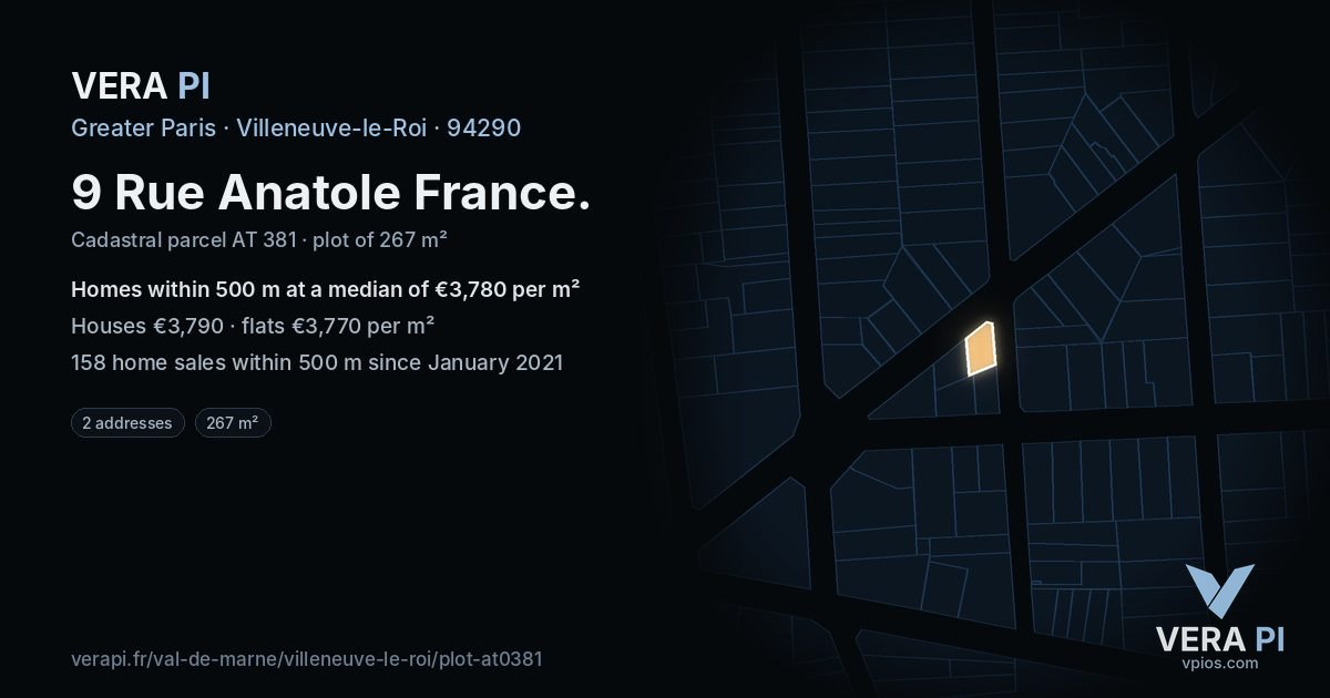9 Rue Anatole France, Villeneuve-le-Roi at night – the plot lit, the parcels around coloured by the prices near them