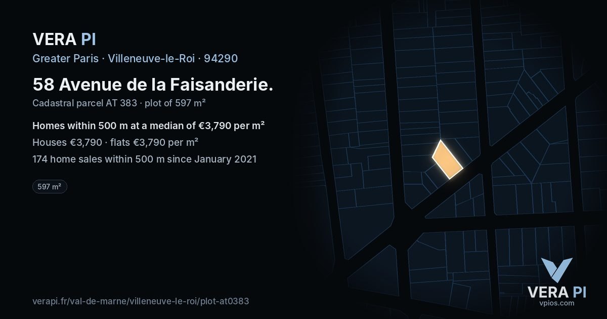 58 Avenue de la Faisanderie, Villeneuve-le-Roi at night – the plot lit, the parcels around coloured by the prices near them