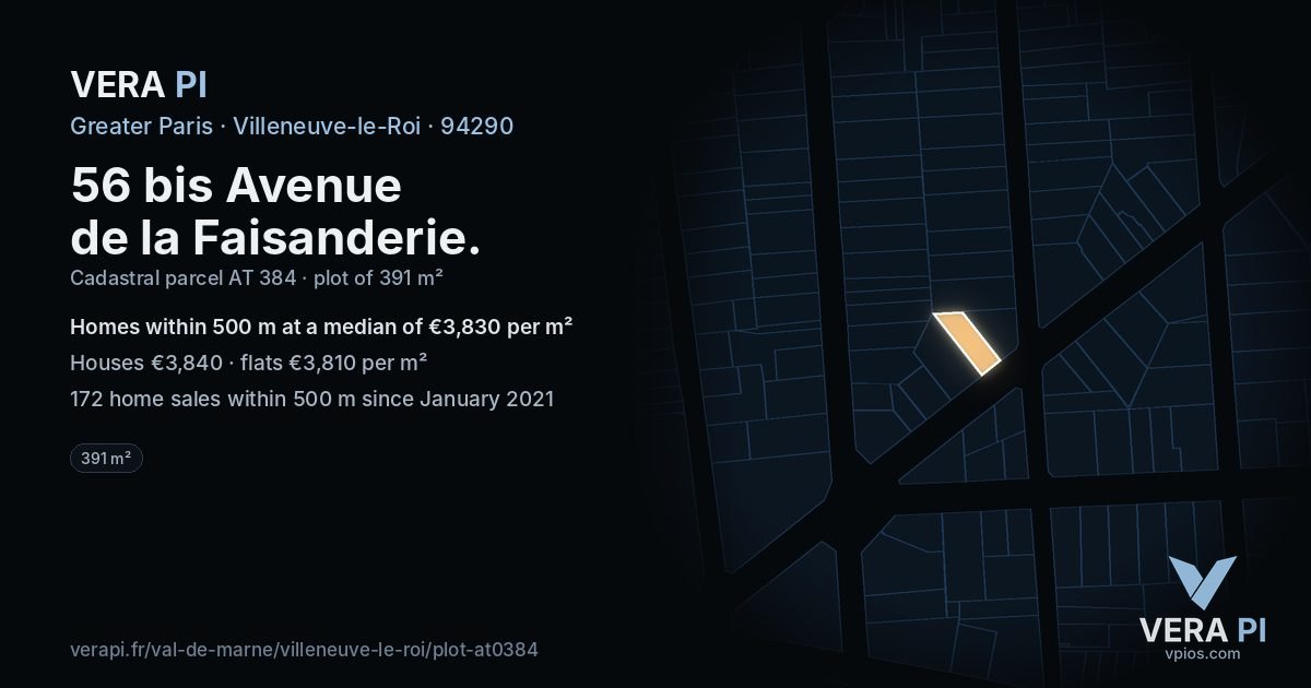 56 bis Avenue de la Faisanderie, Villeneuve-le-Roi at night – the plot lit, the parcels around coloured by the prices near them