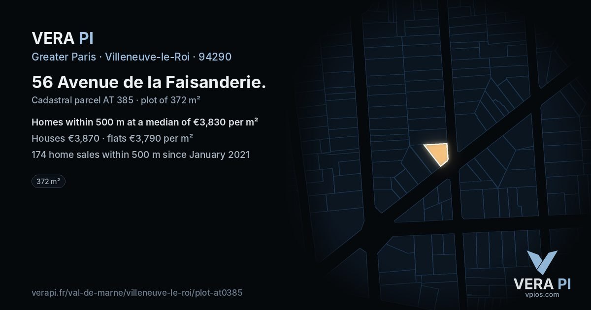 56 Avenue de la Faisanderie, Villeneuve-le-Roi at night – the plot lit, the parcels around coloured by the prices near them