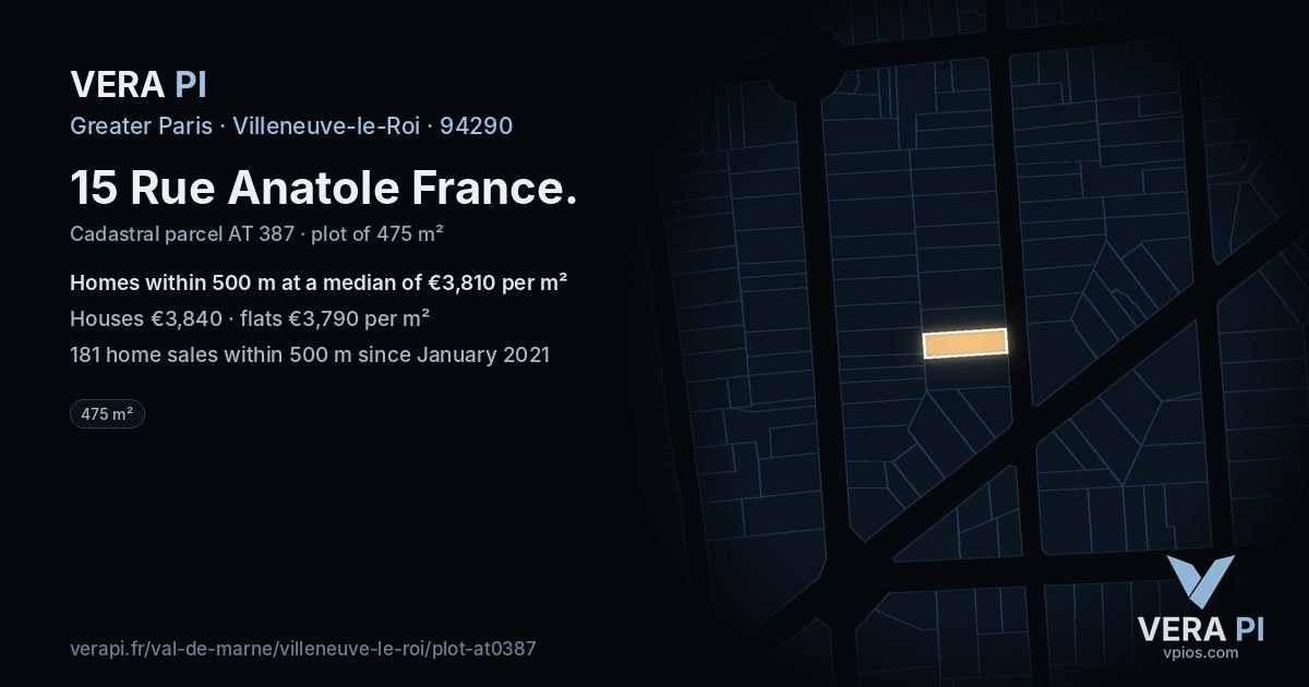 15 Rue Anatole France, Villeneuve-le-Roi at night – the plot lit, the parcels around coloured by the prices near them