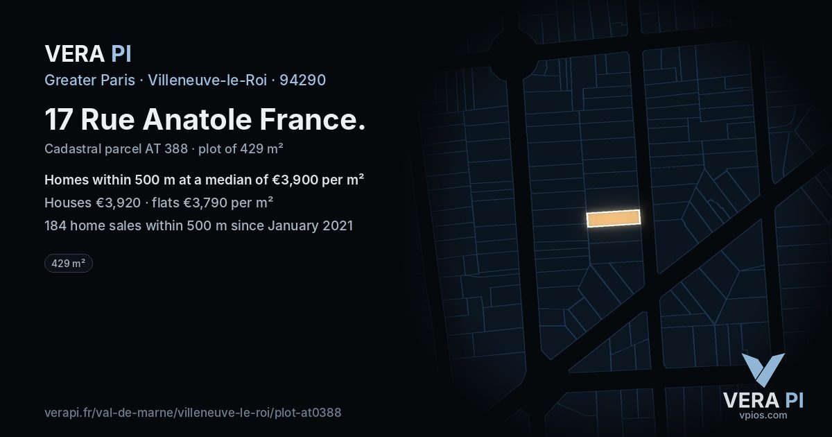 17 Rue Anatole France, Villeneuve-le-Roi at night – the plot lit, the parcels around coloured by the prices near them