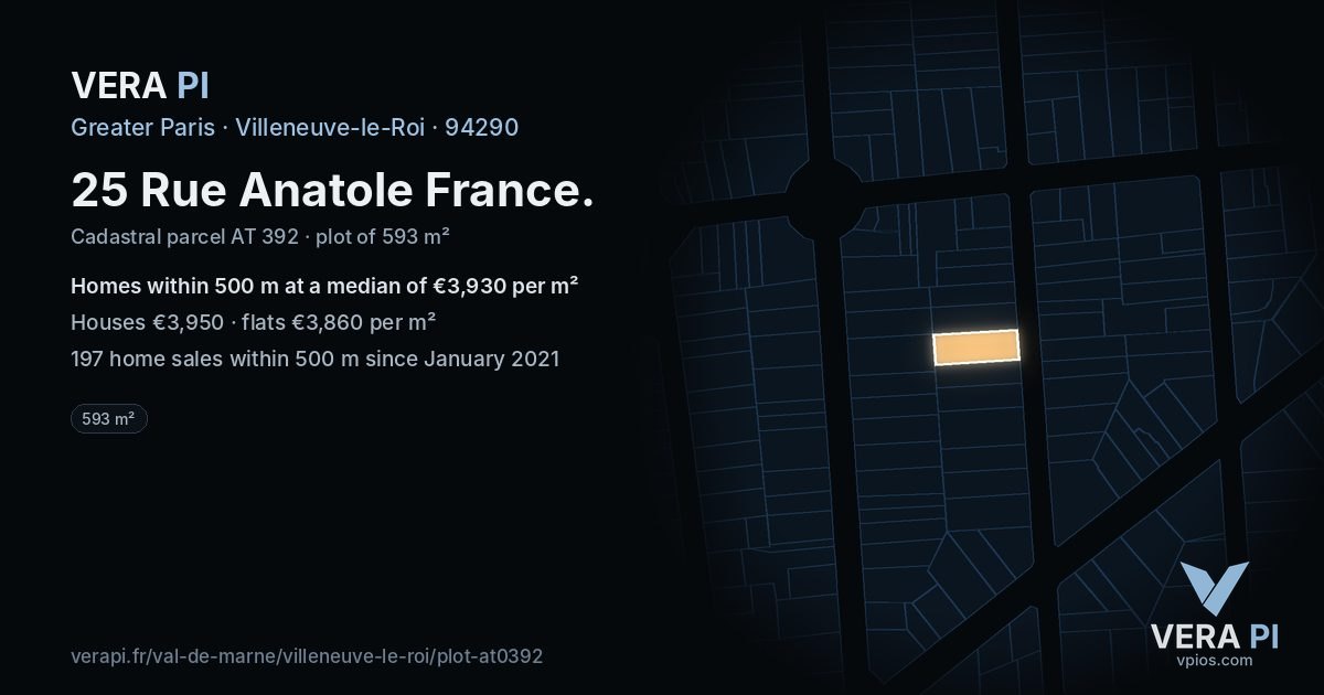 25 Rue Anatole France, Villeneuve-le-Roi at night – the plot lit, the parcels around coloured by the prices near them