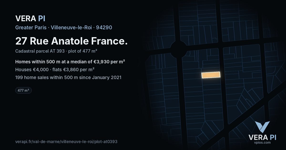 27 Rue Anatole France, Villeneuve-le-Roi at night – the plot lit, the parcels around coloured by the prices near them