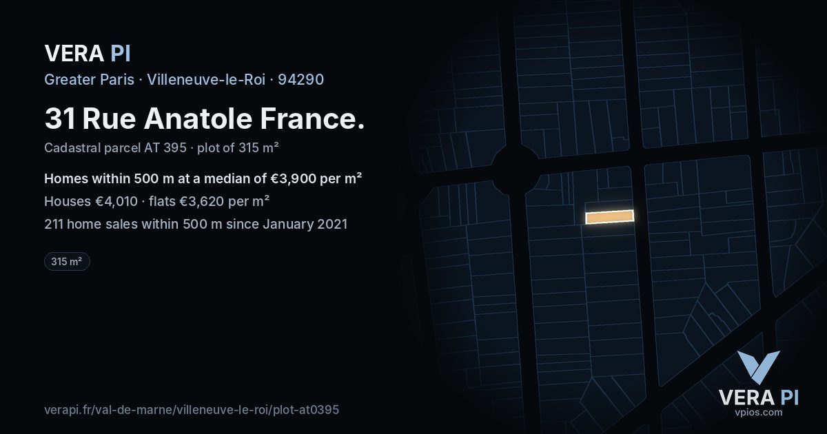 31 Rue Anatole France, Villeneuve-le-Roi at night – the plot lit, the parcels around coloured by the prices near them