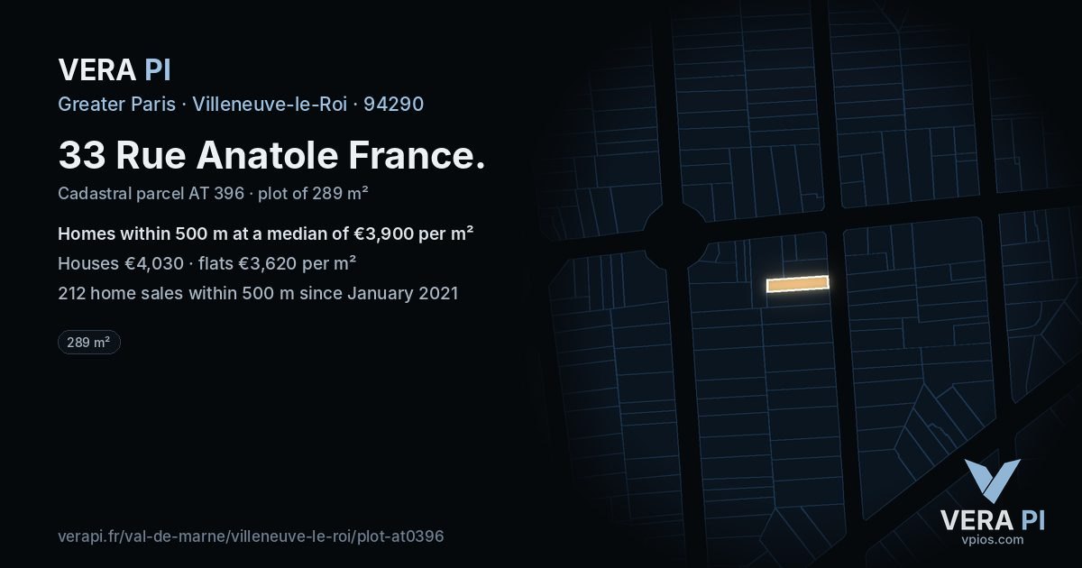 33 Rue Anatole France, Villeneuve-le-Roi at night – the plot lit, the parcels around coloured by the prices near them