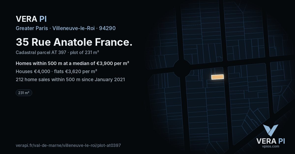 35 Rue Anatole France, Villeneuve-le-Roi at night – the plot lit, the parcels around coloured by the prices near them