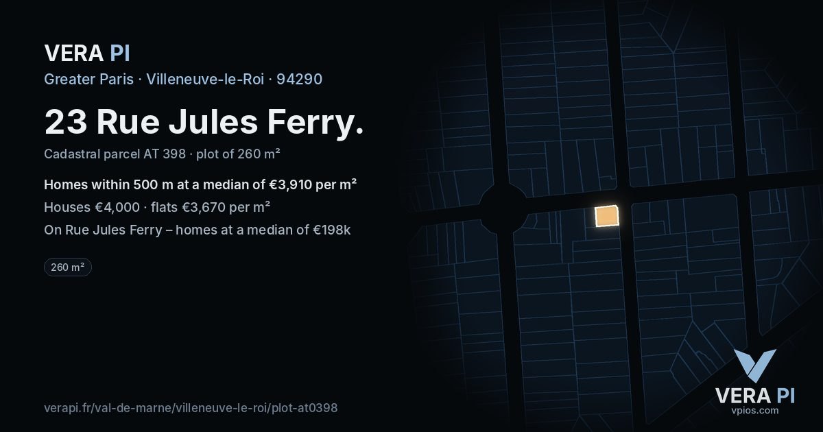 23 Rue Jules Ferry, Villeneuve-le-Roi at night – the plot lit, the parcels around coloured by the prices near them