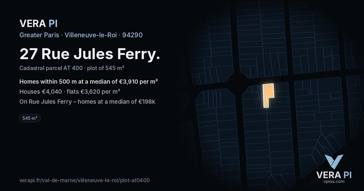 27 Rue Jules Ferry, Villeneuve-le-Roi at night – the plot lit, the parcels around coloured by the prices near them