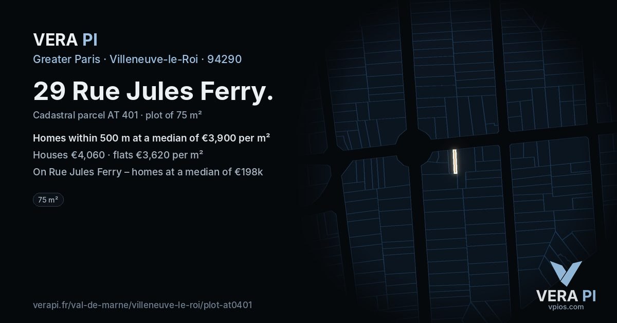 29 Rue Jules Ferry, Villeneuve-le-Roi at night – the plot lit, the parcels around coloured by the prices near them