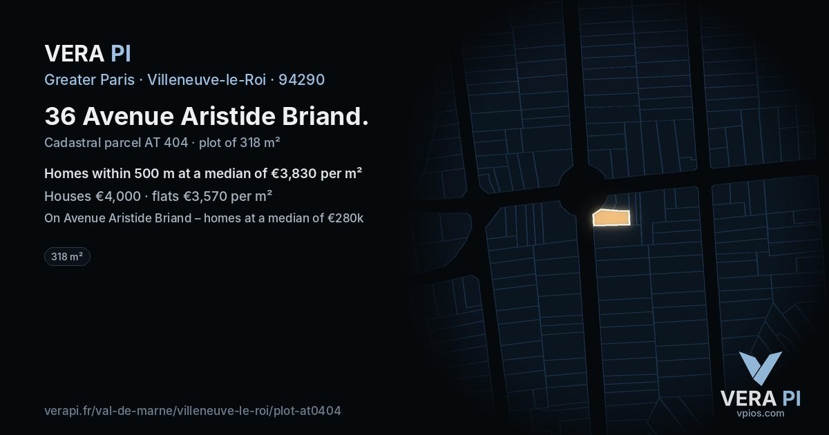 36 Avenue Aristide Briand, Villeneuve-le-Roi at night – the plot lit, the parcels around coloured by the prices near them