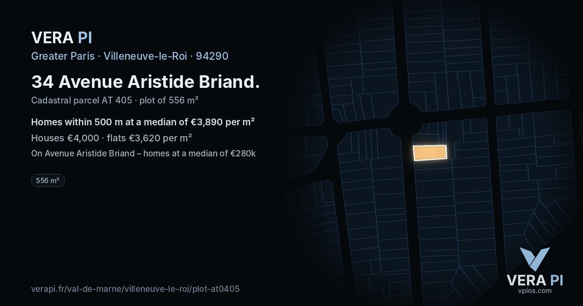 34 Avenue Aristide Briand, Villeneuve-le-Roi at night – the plot lit, the parcels around coloured by the prices near them