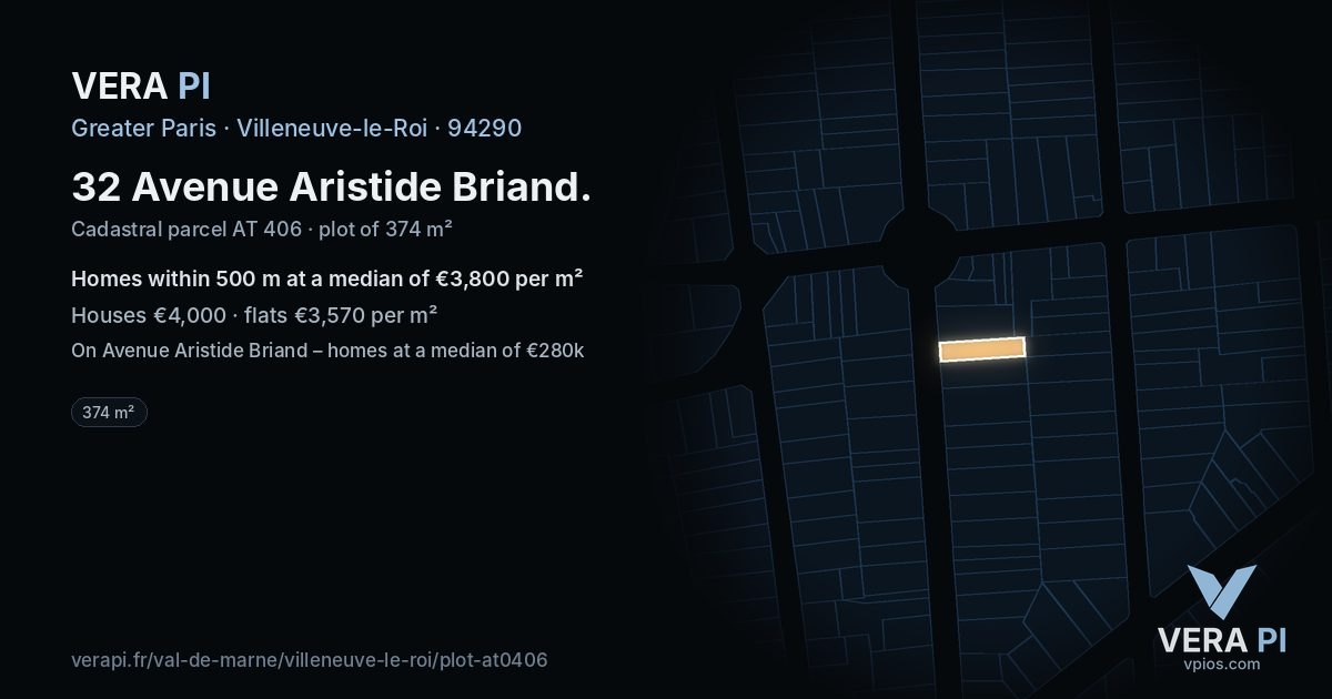 32 Avenue Aristide Briand, Villeneuve-le-Roi at night – the plot lit, the parcels around coloured by the prices near them