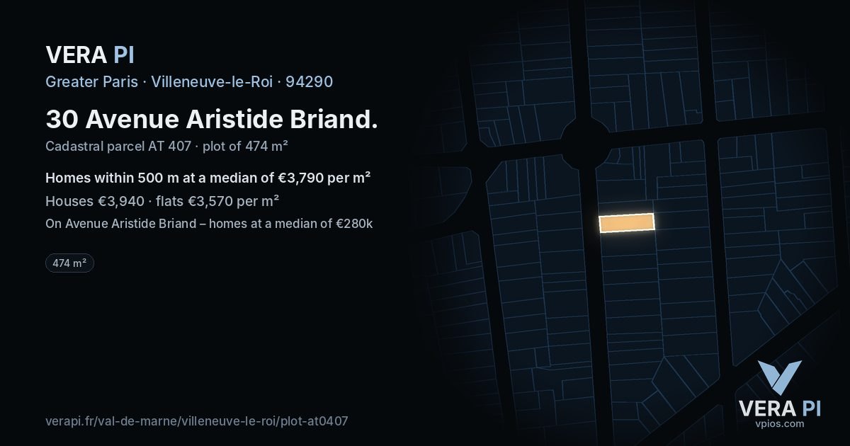 30 Avenue Aristide Briand, Villeneuve-le-Roi at night – the plot lit, the parcels around coloured by the prices near them