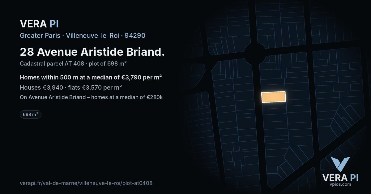 28 Avenue Aristide Briand, Villeneuve-le-Roi at night – the plot lit, the parcels around coloured by the prices near them