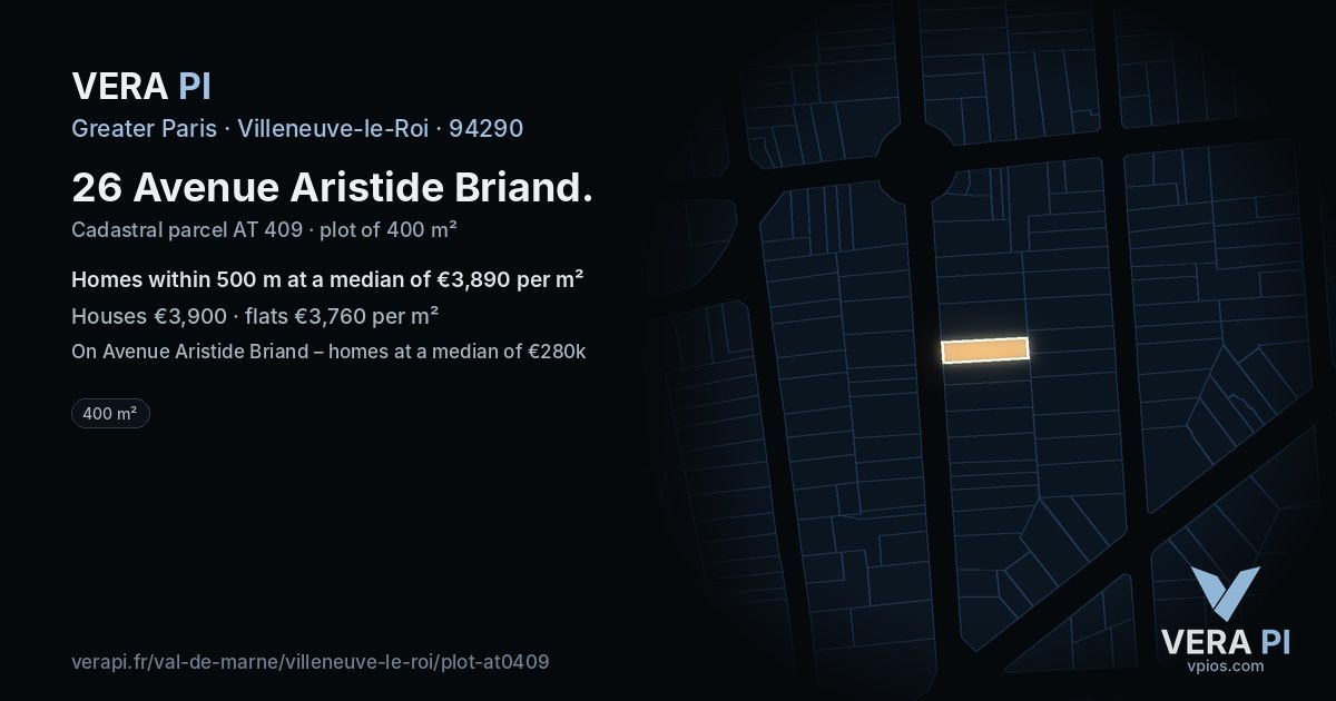 26 Avenue Aristide Briand, Villeneuve-le-Roi at night – the plot lit, the parcels around coloured by the prices near them