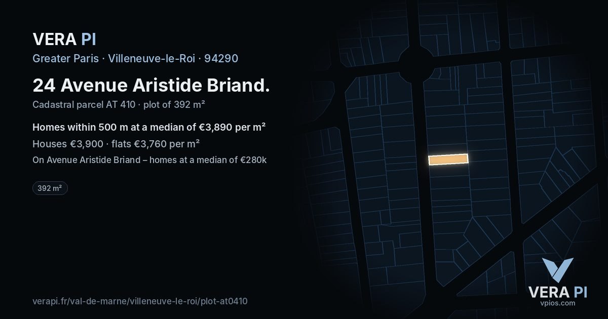 24 Avenue Aristide Briand, Villeneuve-le-Roi at night – the plot lit, the parcels around coloured by the prices near them