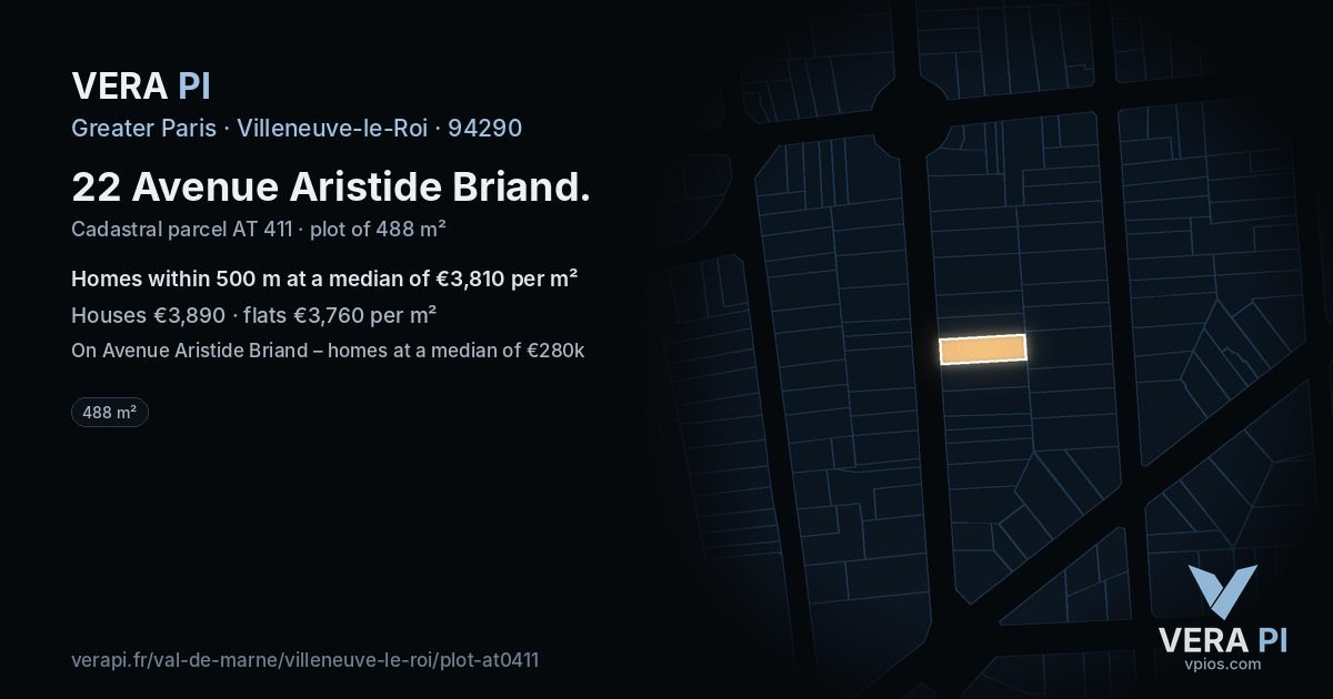 22 Avenue Aristide Briand, Villeneuve-le-Roi at night – the plot lit, the parcels around coloured by the prices near them