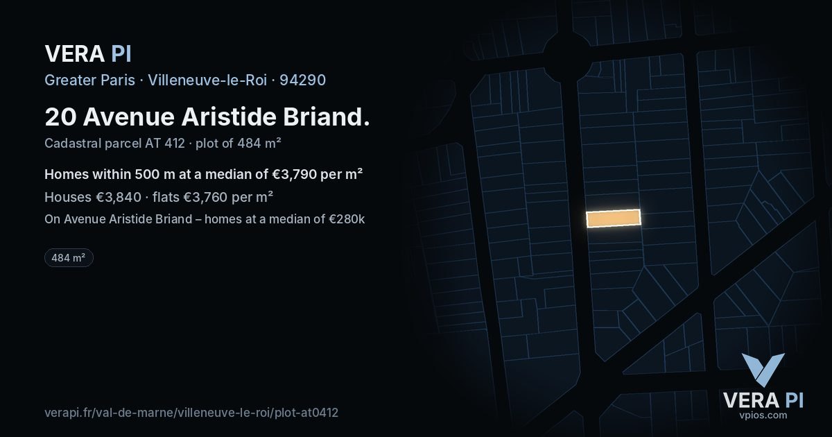 20 Avenue Aristide Briand, Villeneuve-le-Roi at night – the plot lit, the parcels around coloured by the prices near them