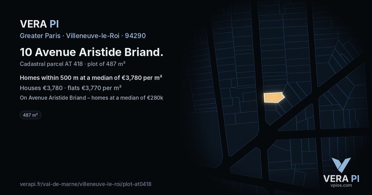 10 Avenue Aristide Briand, Villeneuve-le-Roi at night – the plot lit, the parcels around coloured by the prices near them