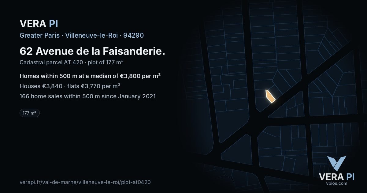 62 Avenue de la Faisanderie, Villeneuve-le-Roi at night – the plot lit, the parcels around coloured by the prices near them