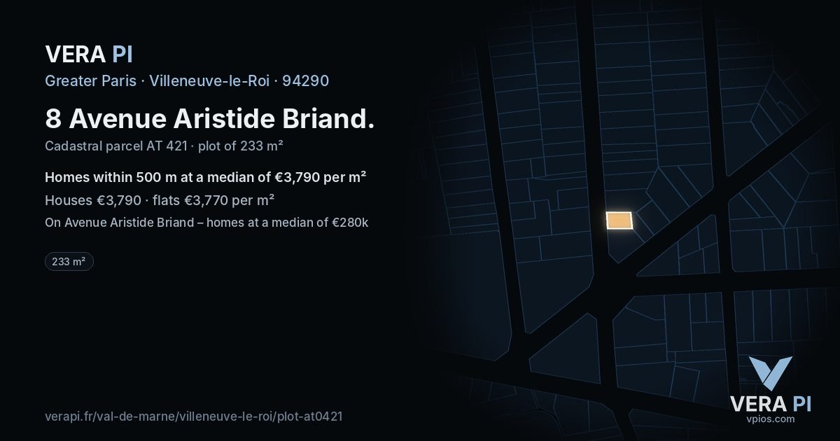 8 Avenue Aristide Briand, Villeneuve-le-Roi at night – the plot lit, the parcels around coloured by the prices near them
