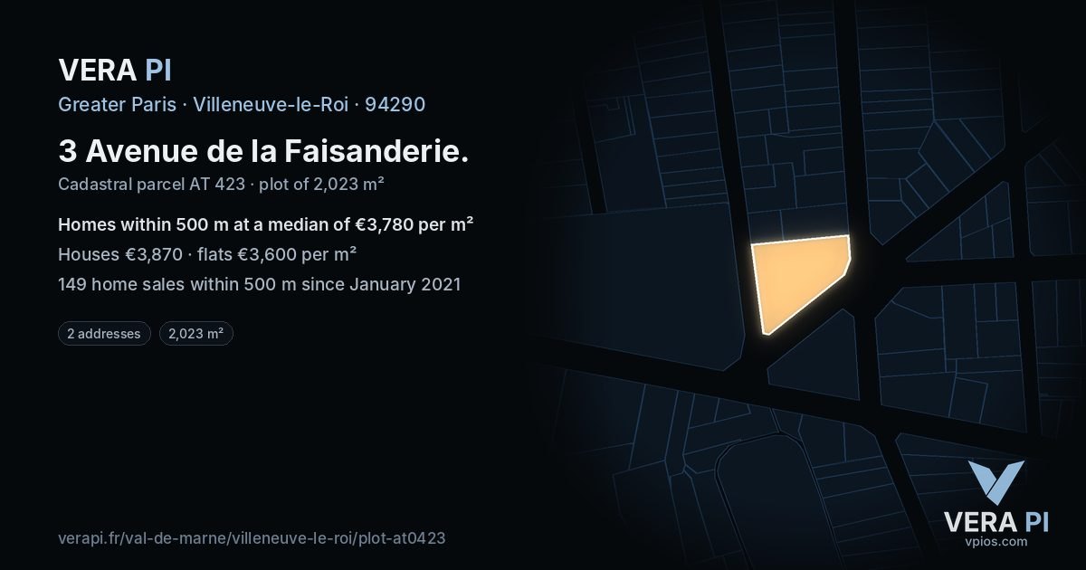 3 Avenue de la Faisanderie, Villeneuve-le-Roi at night – the plot lit, the parcels around coloured by the prices near them