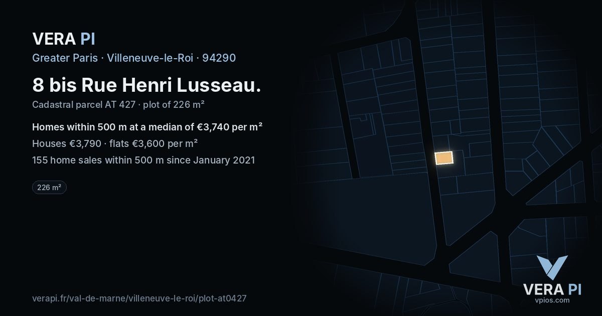 8 bis Rue Henri Lusseau, Villeneuve-le-Roi at night – the plot lit, the parcels around coloured by the prices near them