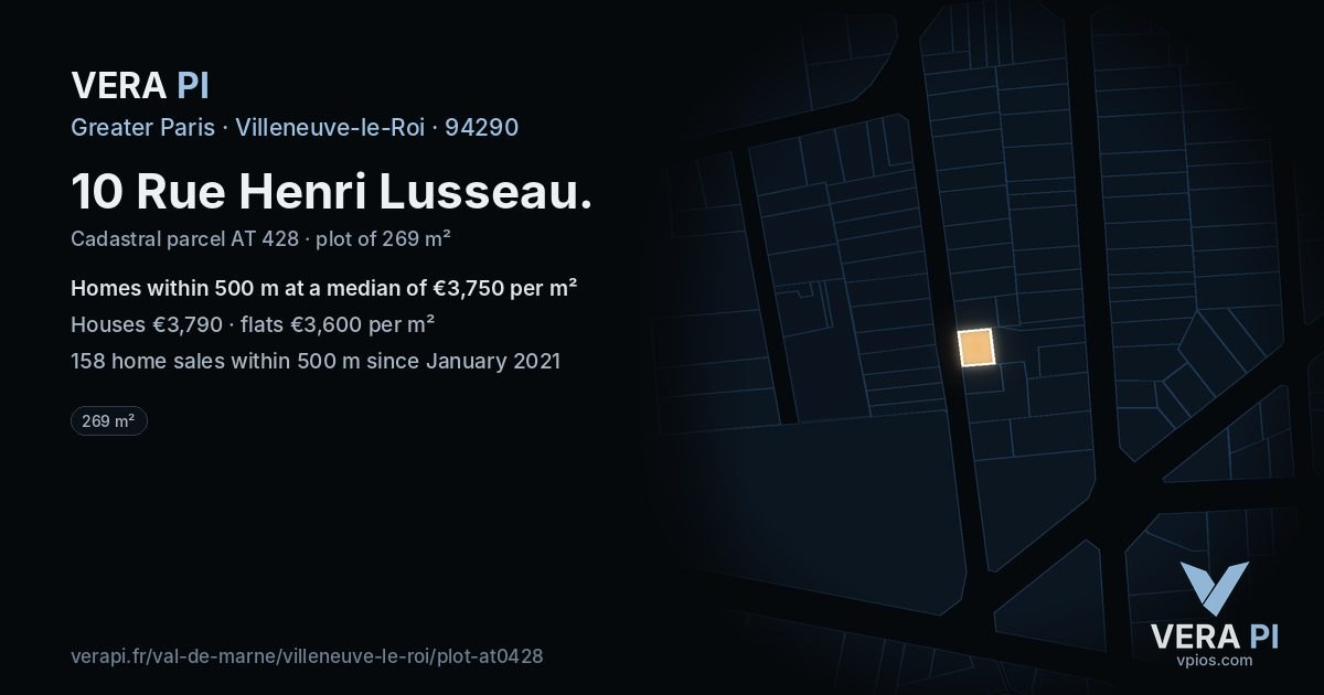 10 Rue Henri Lusseau, Villeneuve-le-Roi at night – the plot lit, the parcels around coloured by the prices near them