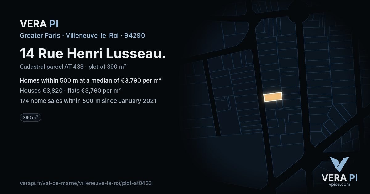 14 Rue Henri Lusseau, Villeneuve-le-Roi at night – the plot lit, the parcels around coloured by the prices near them