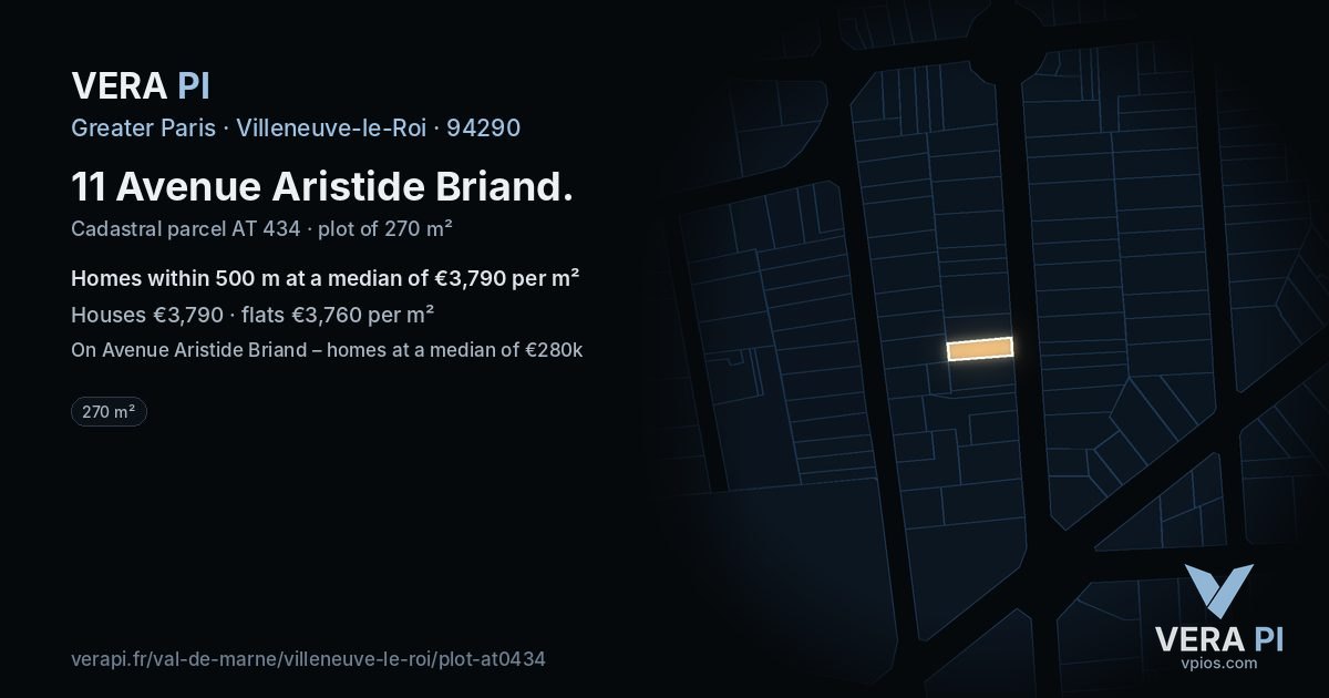 11 Avenue Aristide Briand, Villeneuve-le-Roi at night – the plot lit, the parcels around coloured by the prices near them