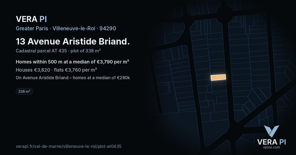 13 Avenue Aristide Briand, Villeneuve-le-Roi at night – the plot lit, the parcels around coloured by the prices near them